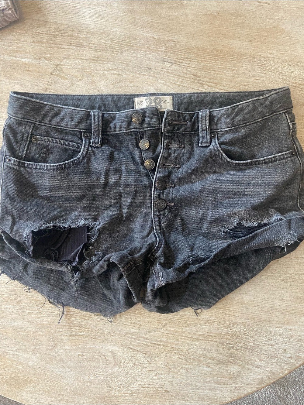 We The Free Washed Black Distressed Button-Front Jean Shorts -Free People
